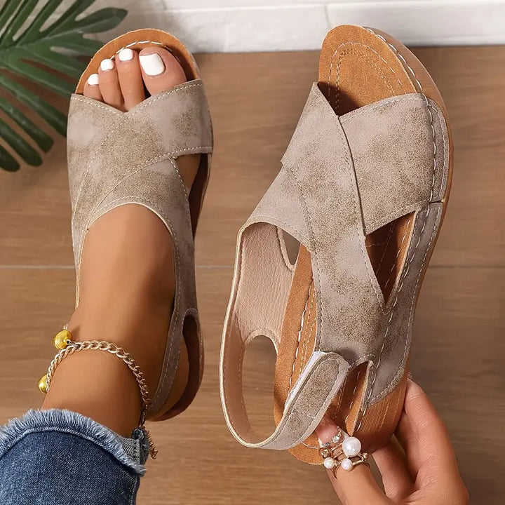 Women’s Leather Orthopedic Cross-Strap Slingback Wedges