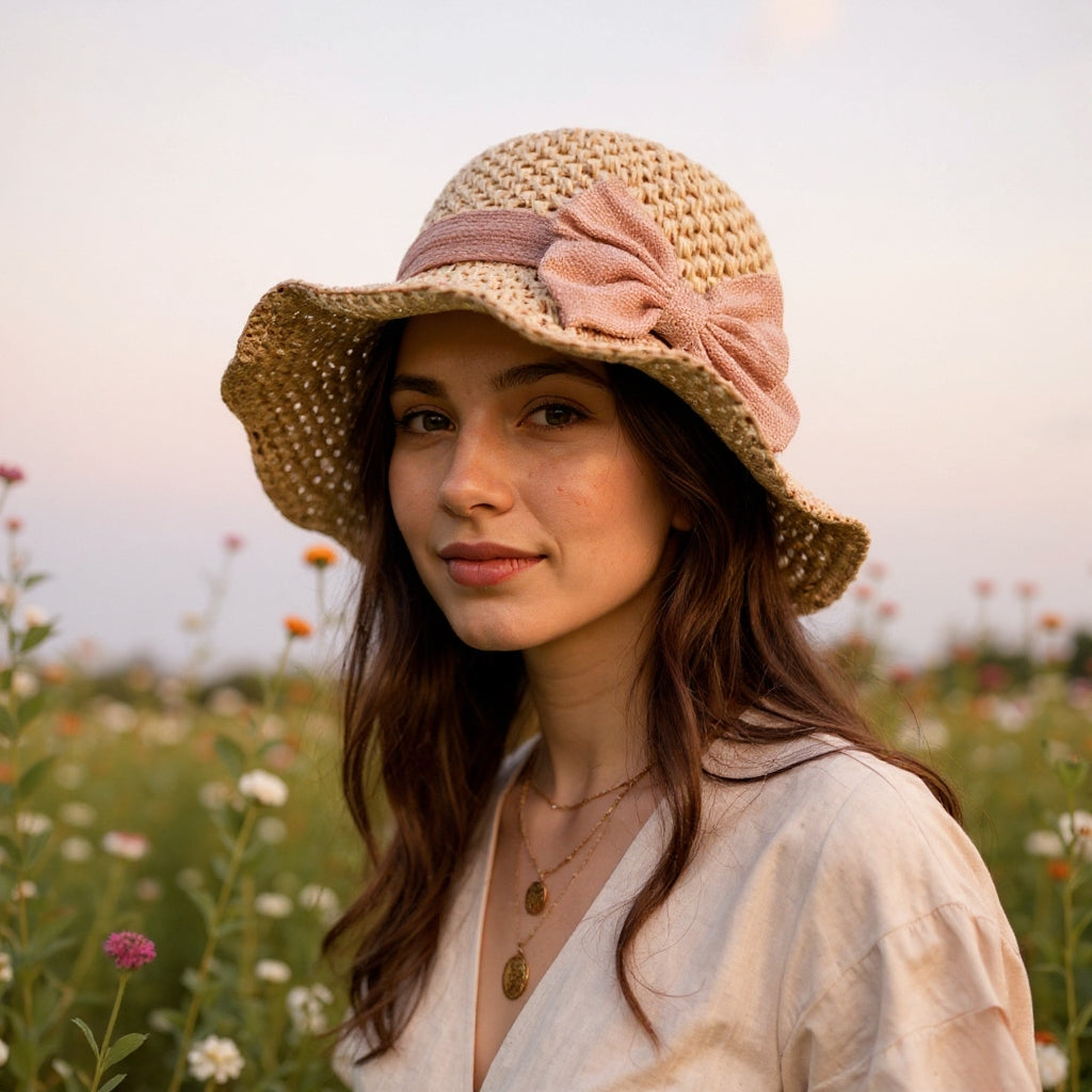 Women's Straw Bow Wide-Brim Sun Hat