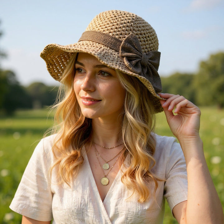 Women's Straw Bow Wide-Brim Sun Hat
