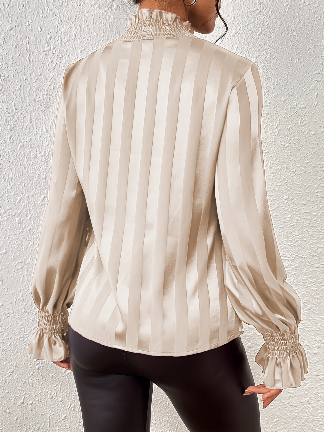 Women's Silk Blouse High Neck Long Sleeve Striped Satin Top