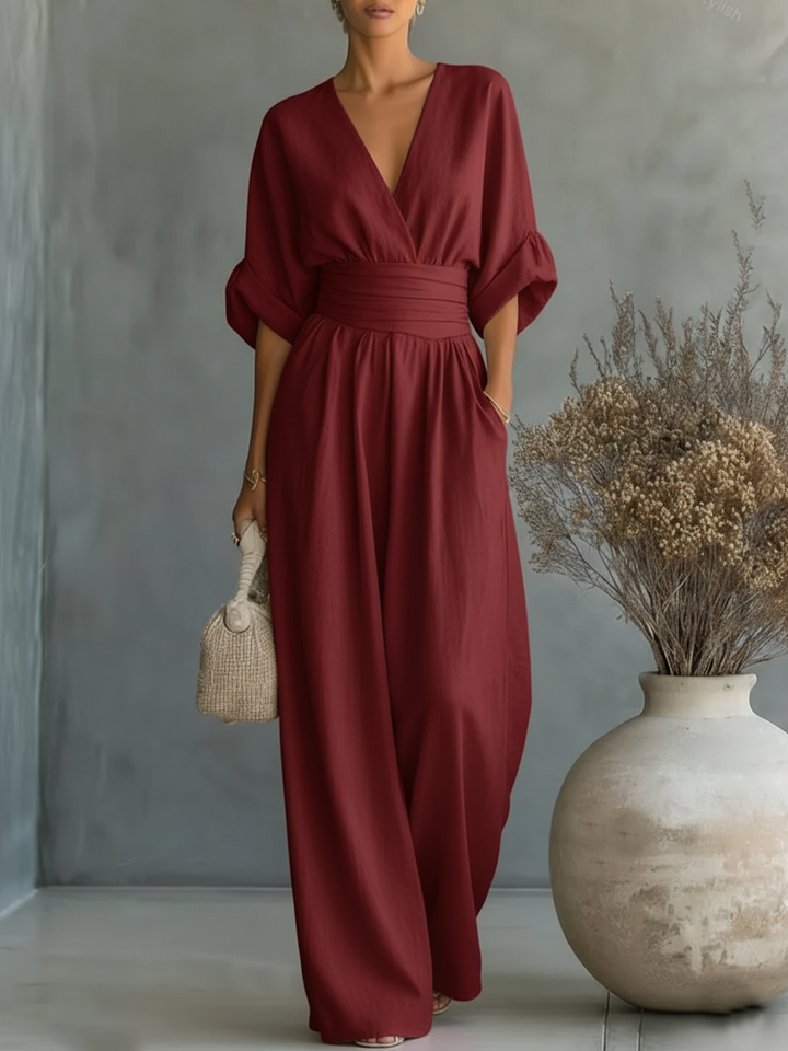 Women’s Linen Blend V-Neck Wide-Leg Jumpsuit