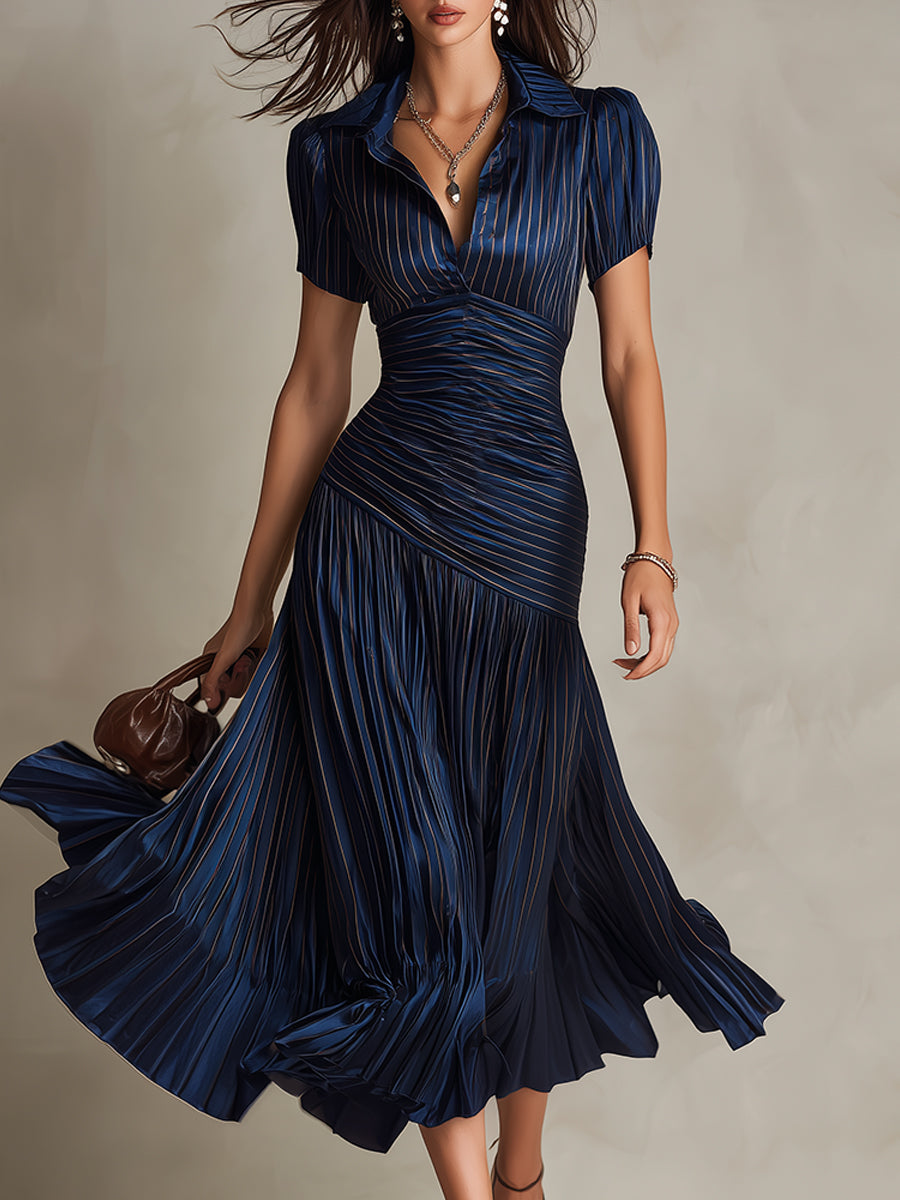 Women's Satin V-Neck Pleated Midi Dress