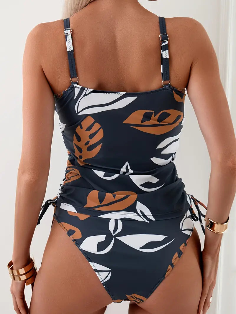 Women’s Nylon Tropical-Print V-Neck Tankini Set