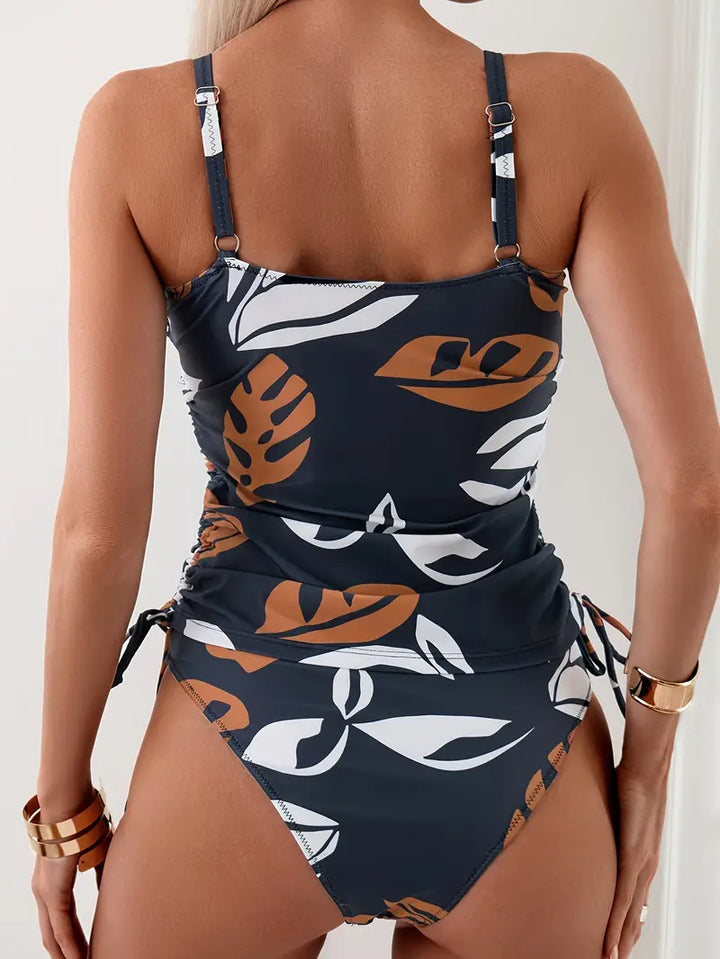 Women’s Nylon Tropical-Print V-Neck Tankini Set