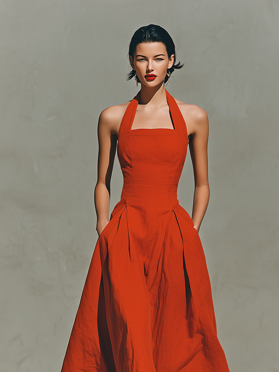 Women's Linen Blend Halter Neck Sleeveless Pleated A-Line Maxi Dress