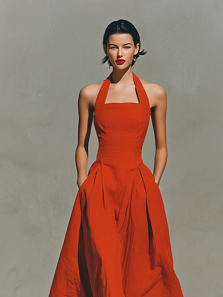 Women's Linen Blend Halter Neck Sleeveless Pleated A-Line Maxi Dress