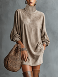Women's Faux Suede Turtleneck Long Sleeve Mini Dress