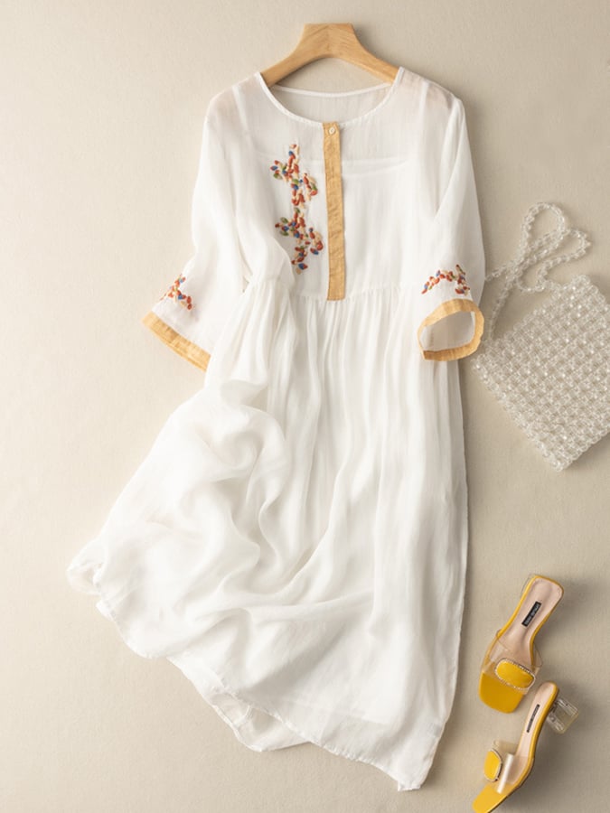 Women's Embroidered Linen Midi Dress Dress Floral Boho Casual A-Line Fit