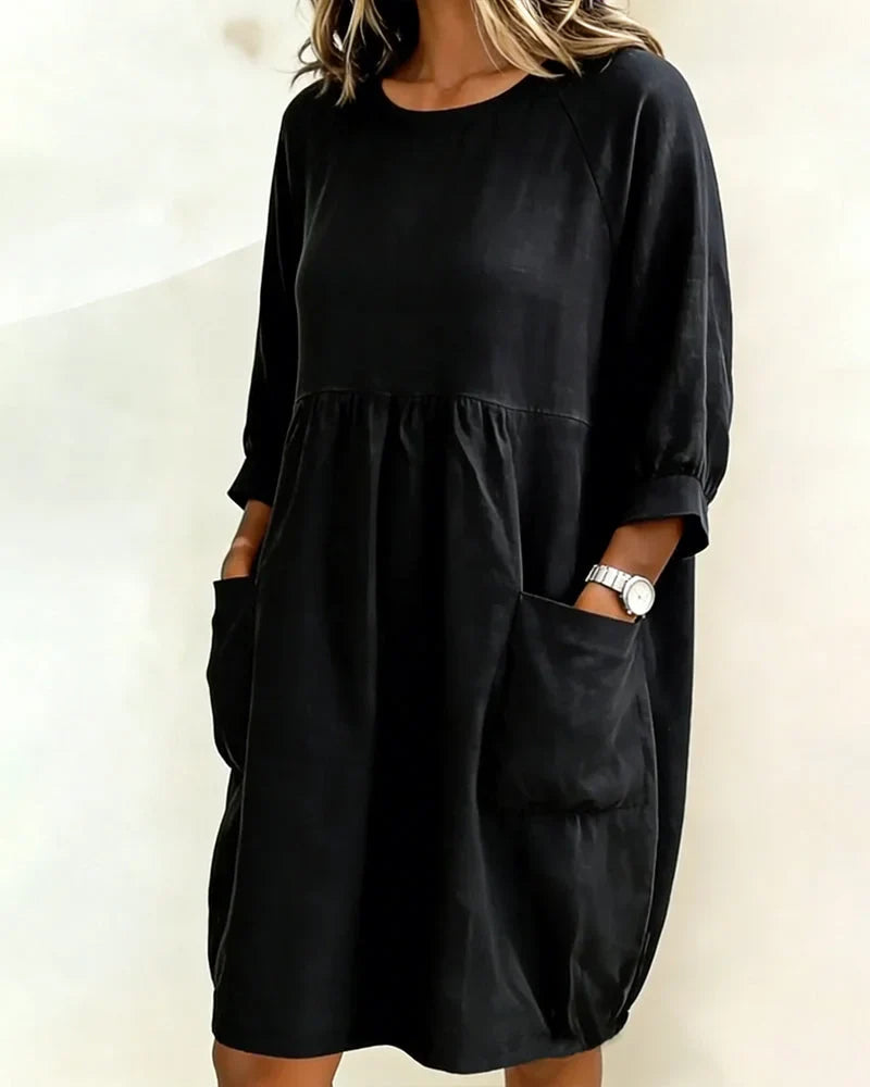 Women's Linen Crewneck Pocket Gathered Loose Dress