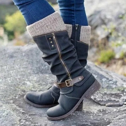 Women's Leather Slouch Boots Mid Calf Knit Cuff