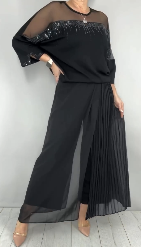 Ensemble pantalon de soirée élégant 2 pièces pour femme en mousseline et tulle