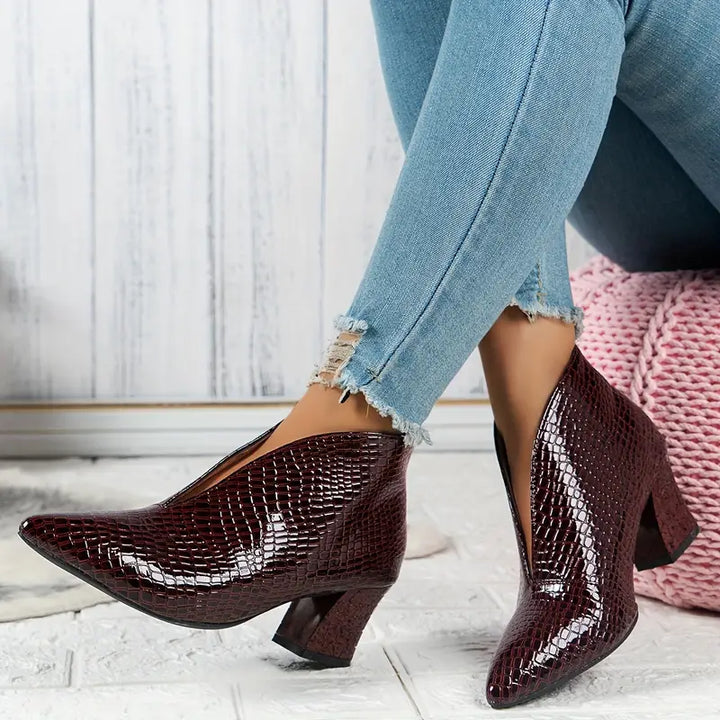 Women's Leather Pointed Toe V Cut Chunky Heel Ankle Boots