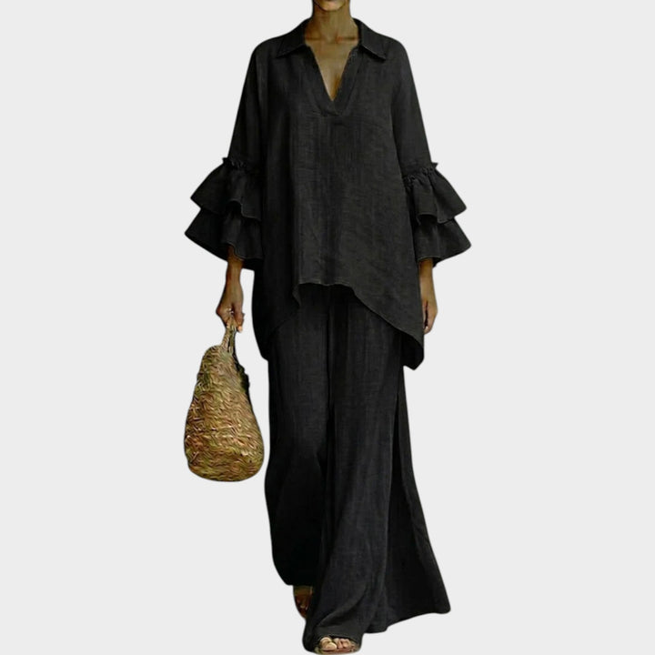 Women's Linen Ruffle 2 Piece Set Wide Leg Pants Coord