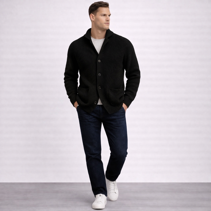 Men's Wool Ribbed Shawl Collar Long-Sleeve Cardigan
