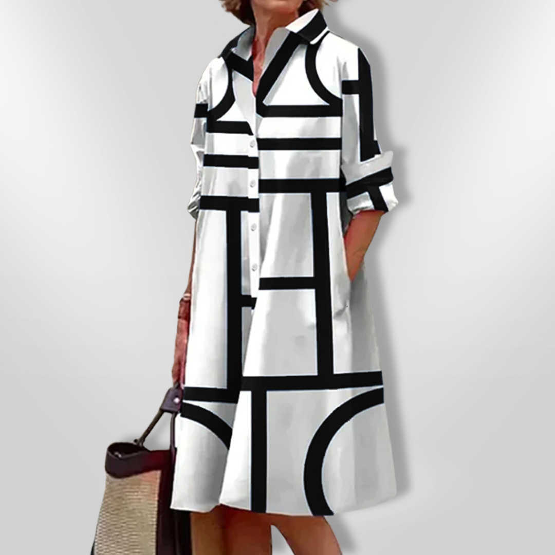 Women's Linen Shirt Dress Geometric Print Midi A-Line Casual Dress