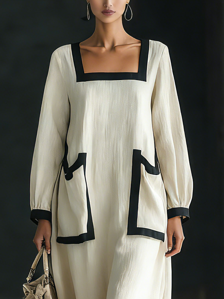 Women's Linen Blend Long Sleeve Square Neck Loose Fit Casual Maxi Dress