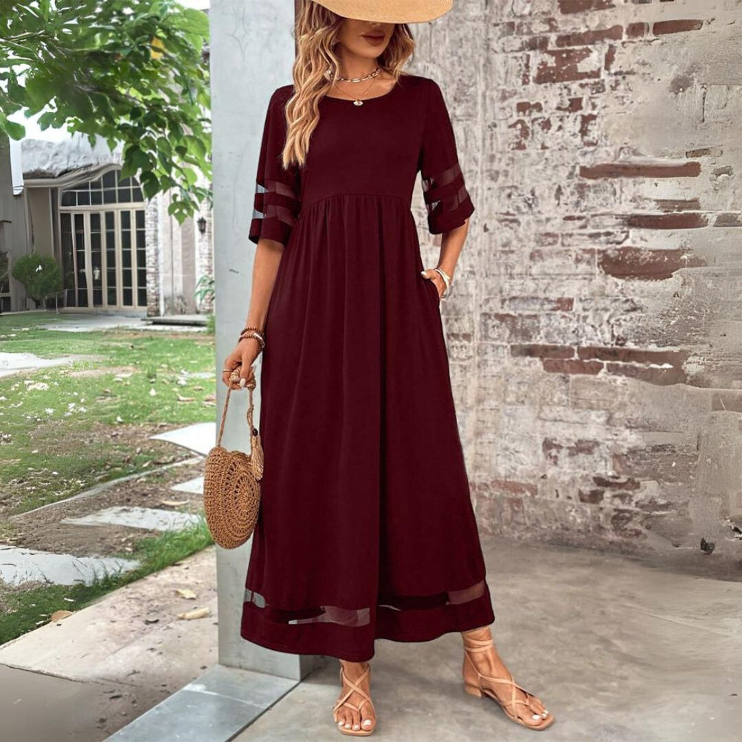 Women's Linen Maxi Dress High Waist Short Sleeve Casual Dress