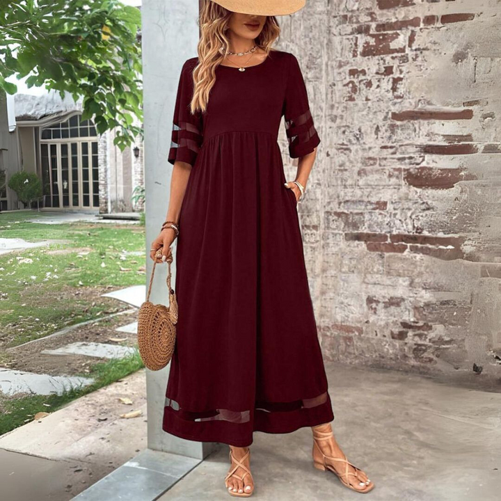 Women's Linen Maxi Dress High Waist Short Sleeve Casual Dress