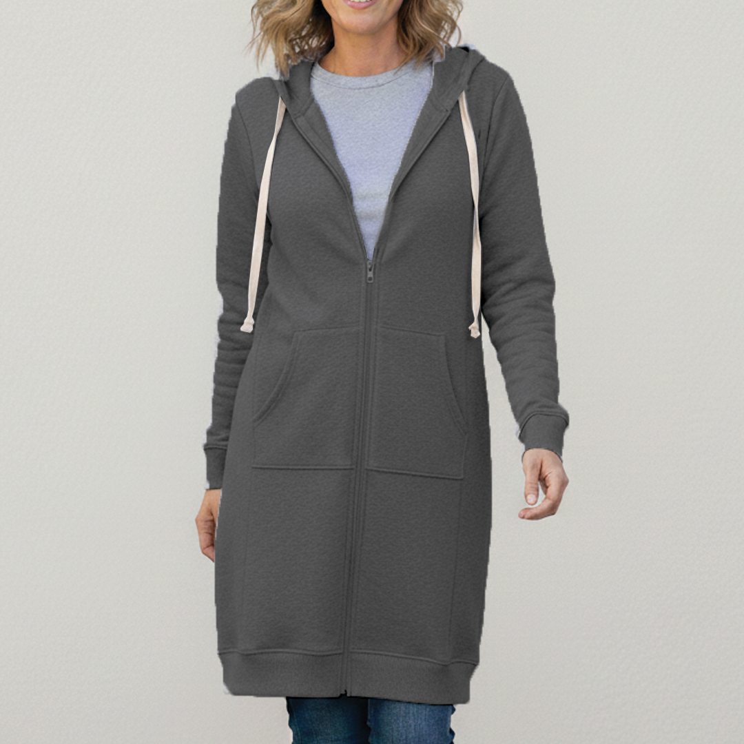Women's Fleece Longline Zip Up Hoodie Jacket Coat Sweatshirt