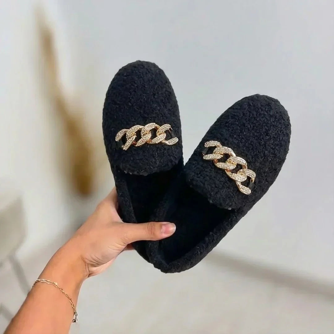 Women's Fleece Chain Loafer Slippers Flat House Shoes