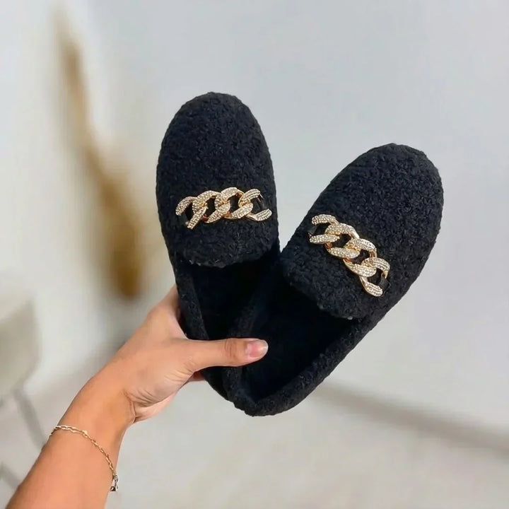 Women's Fleece Chain Loafer Slippers Flat House Shoes
