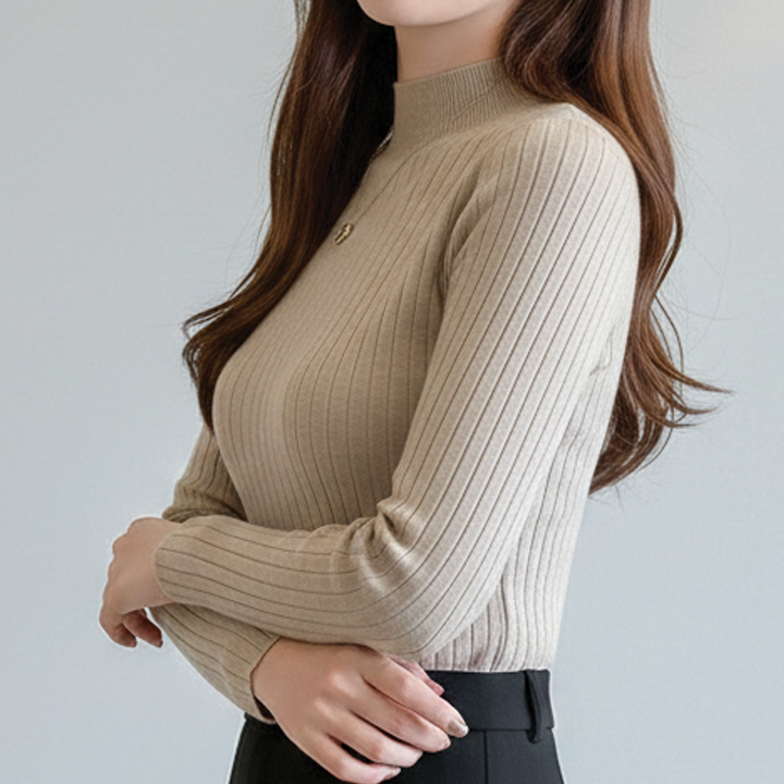 Women's Mock Neck Ribbed Knit Merino Wool Long Sleeve Jumper