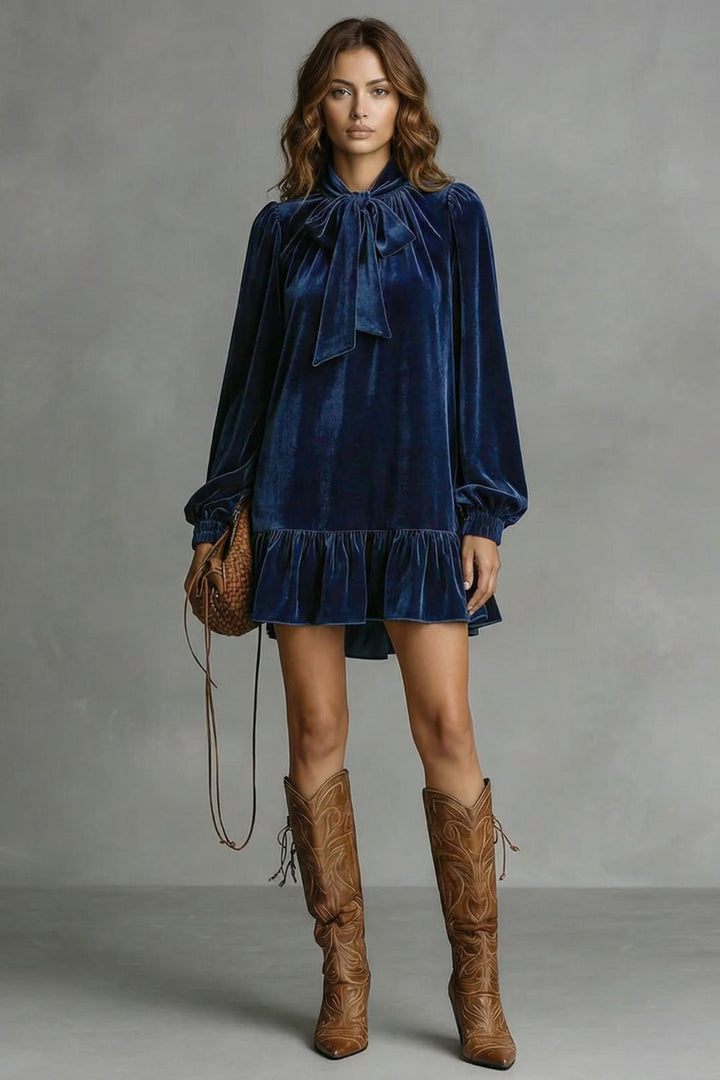 Women’s Velvet Bow-Tie Neck Long-Sleeve Mini Dress