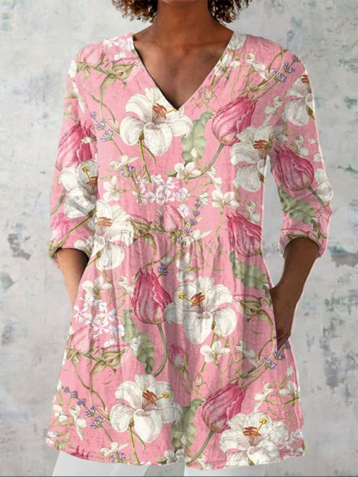 Women Linen Floral Shirt Pants Maxi Dress