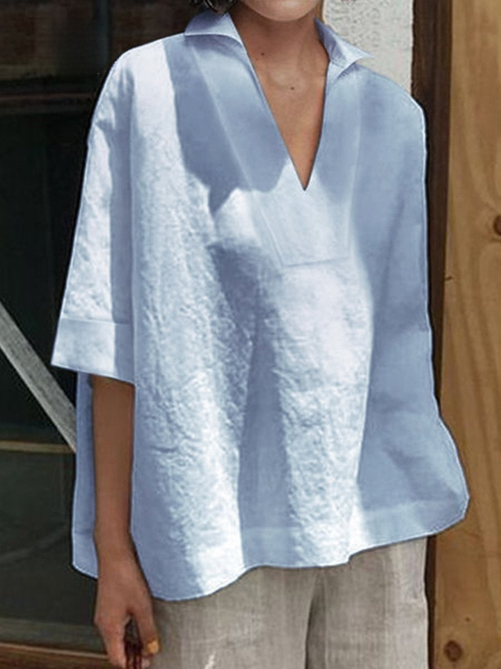 Women's Linen Blouse V-Neck Loose Fit Tunic Top