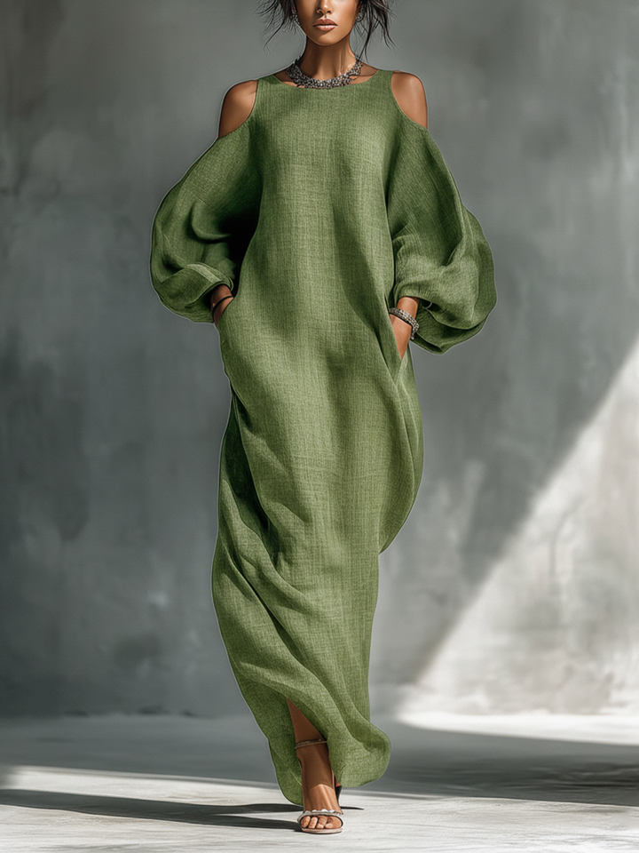 Women's Linen Cold Shoulder Balloon Sleeve Maxi Dress