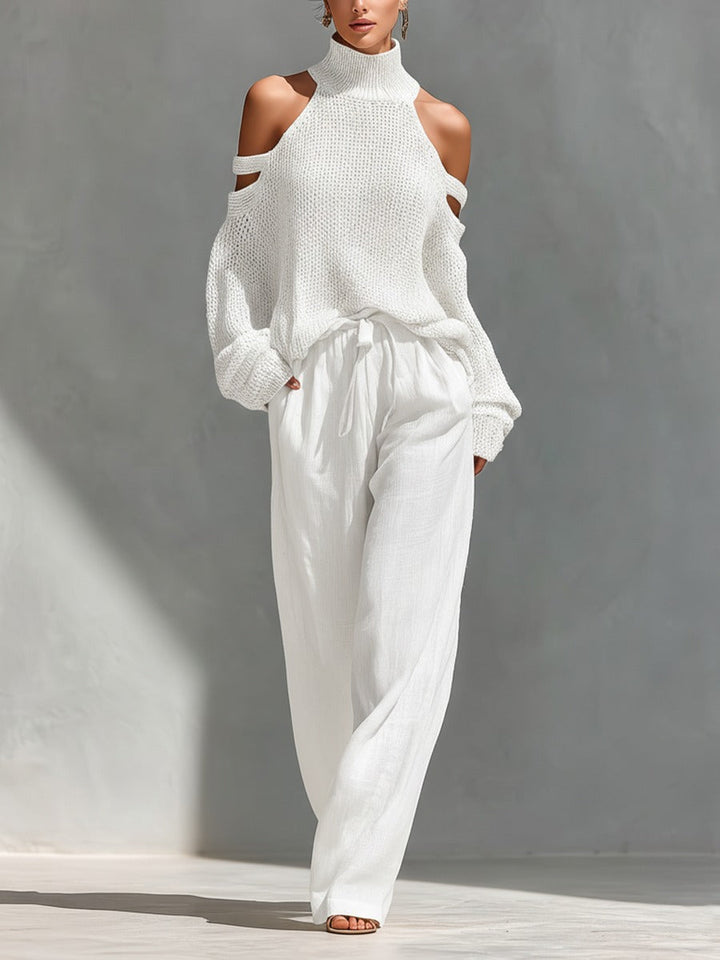 Dámský pletený komplet s odhalenými rameny, lněnými kalhotami a mikinou na zip