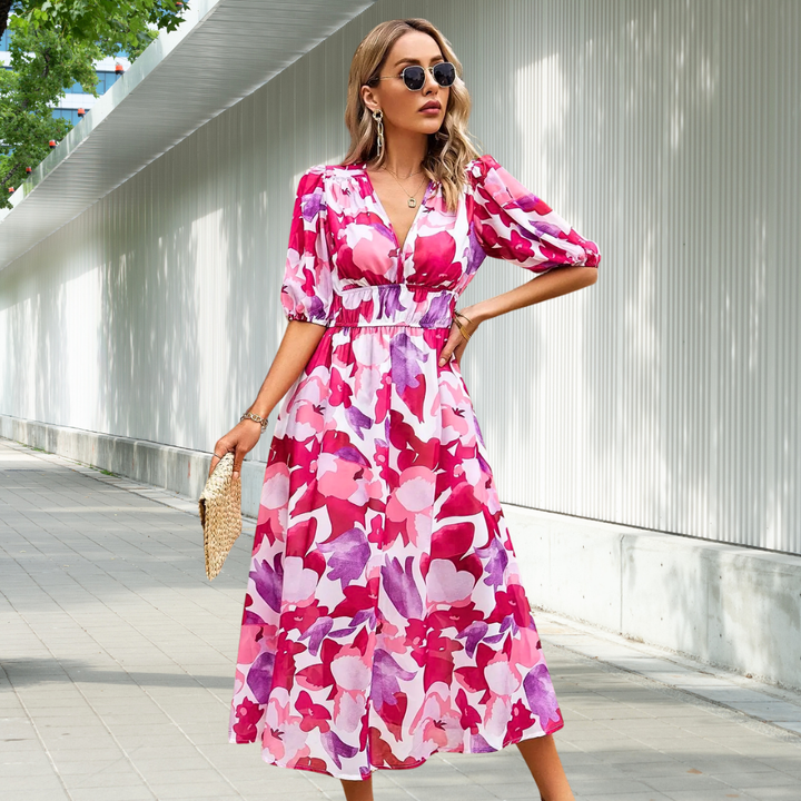 Women's Linen Geometric Print V-Neck Midi Dress
