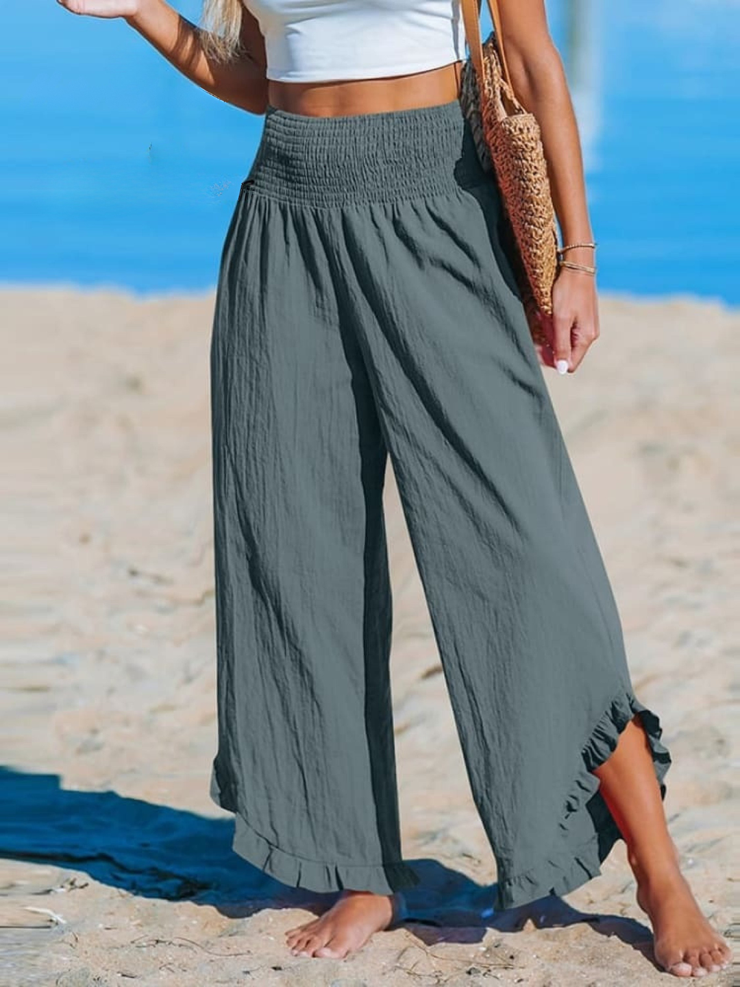 Women's Linen Ruffle Blouse and Wide Leg Trousers Pants