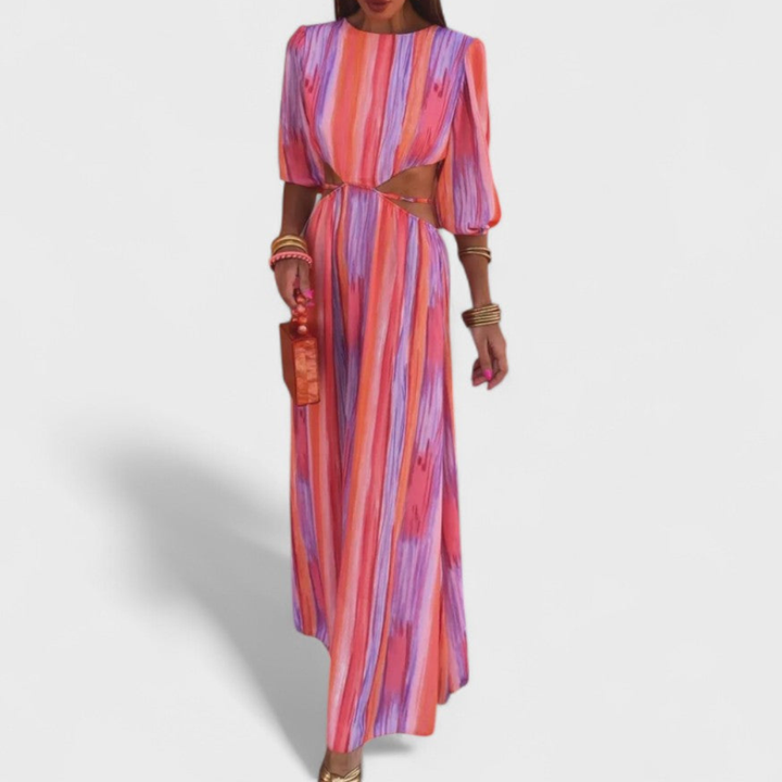 Women's Maxi Dress Satin Cutout Long Sleeve Graphic Print