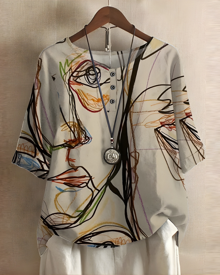 Damska lniana tunika w stylu vintage boho, drukowana bluzka