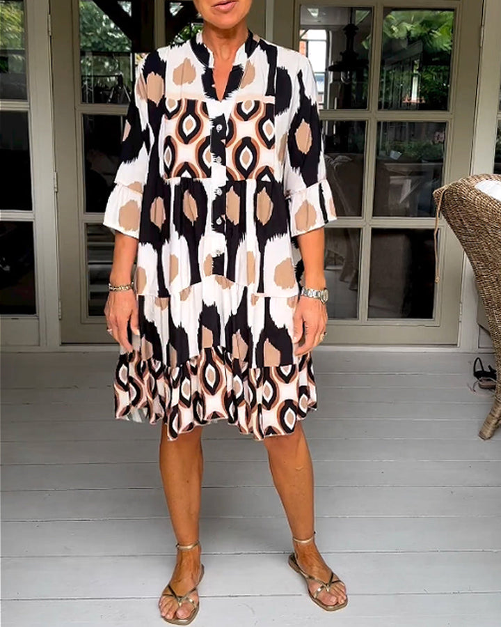 Women's Abstract Print V Neck Tiered Linen Shift Dress