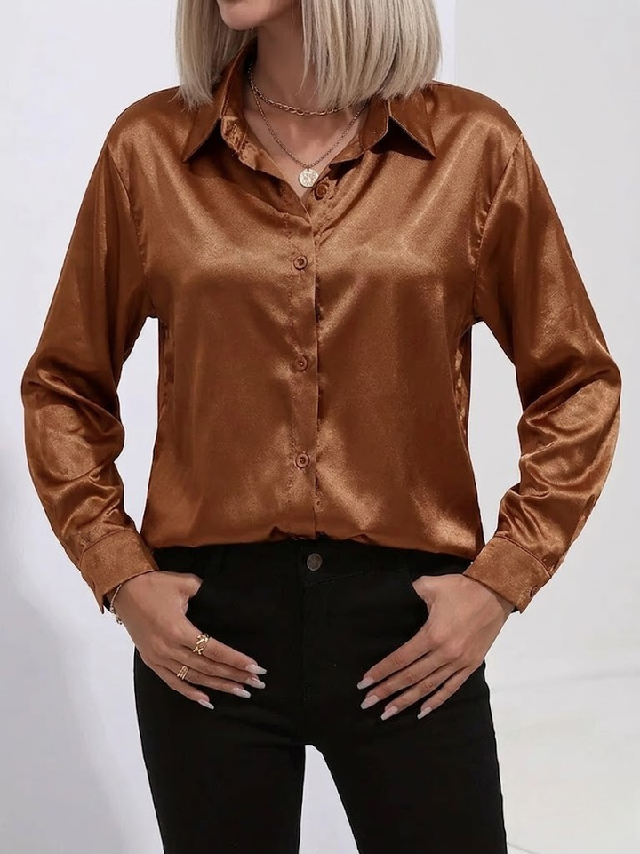 Women's Satin Long Sleeve Button Down Shirt Office Blouse