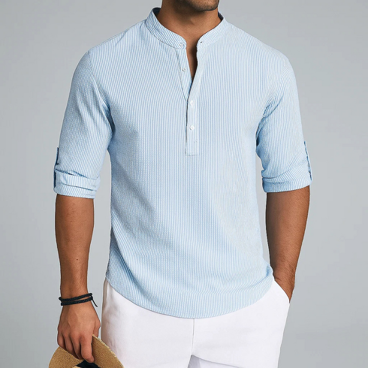 Men's Linen Henley Shirt Roll-Up Sleeve Casual Top