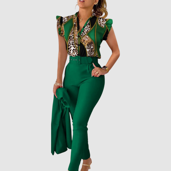 Women’s Linen Ruffle-Sleeve Top & Trousers Matching Set