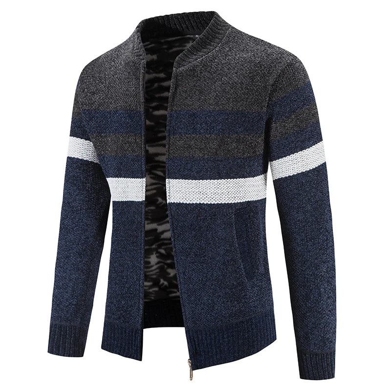 Men's Merino Wool Knit Cardigan Striped Zipper Sweater