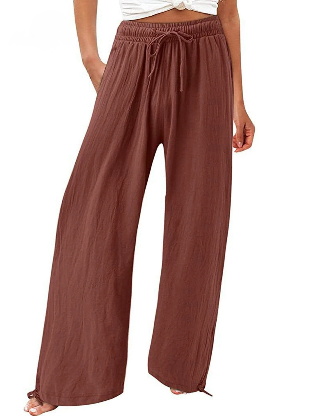 Women's Linen Wide Leg Trousers High Waisted Drawstring Palazzo Pants
