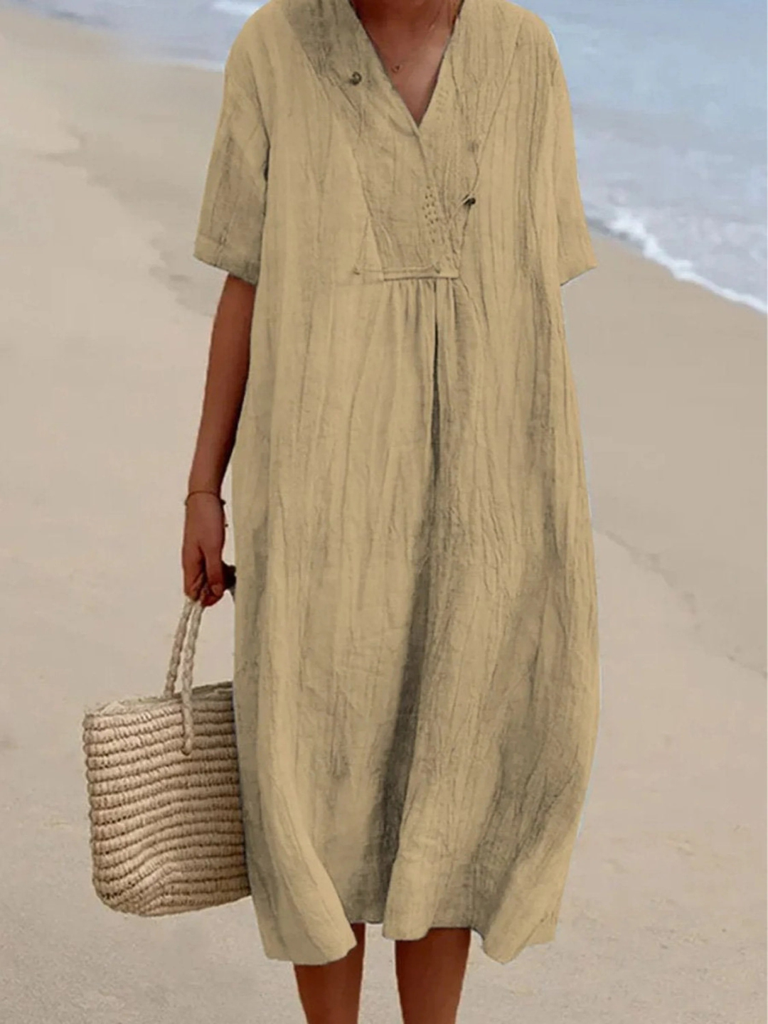 Women's V-Neck Linen Maxi Dress Loose Fit Kaftan Short Sleeve Tunic