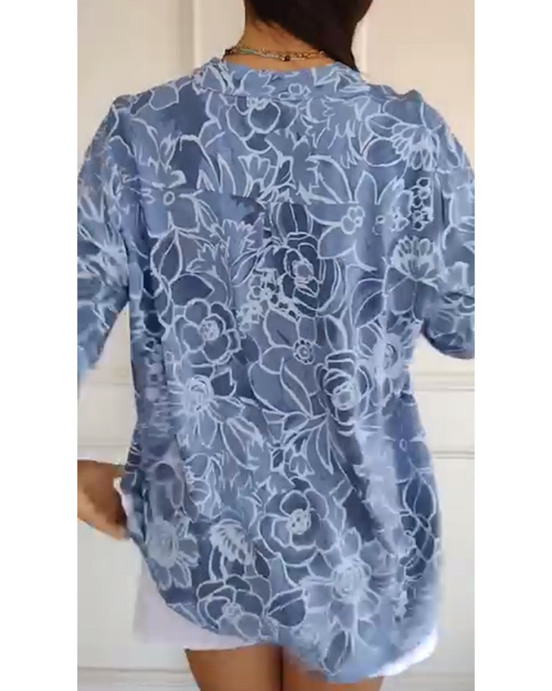 Γυναικεία λινή floral μπλούζα με πατιλέτα με κουμπιά και τσέπη με παγιέτες