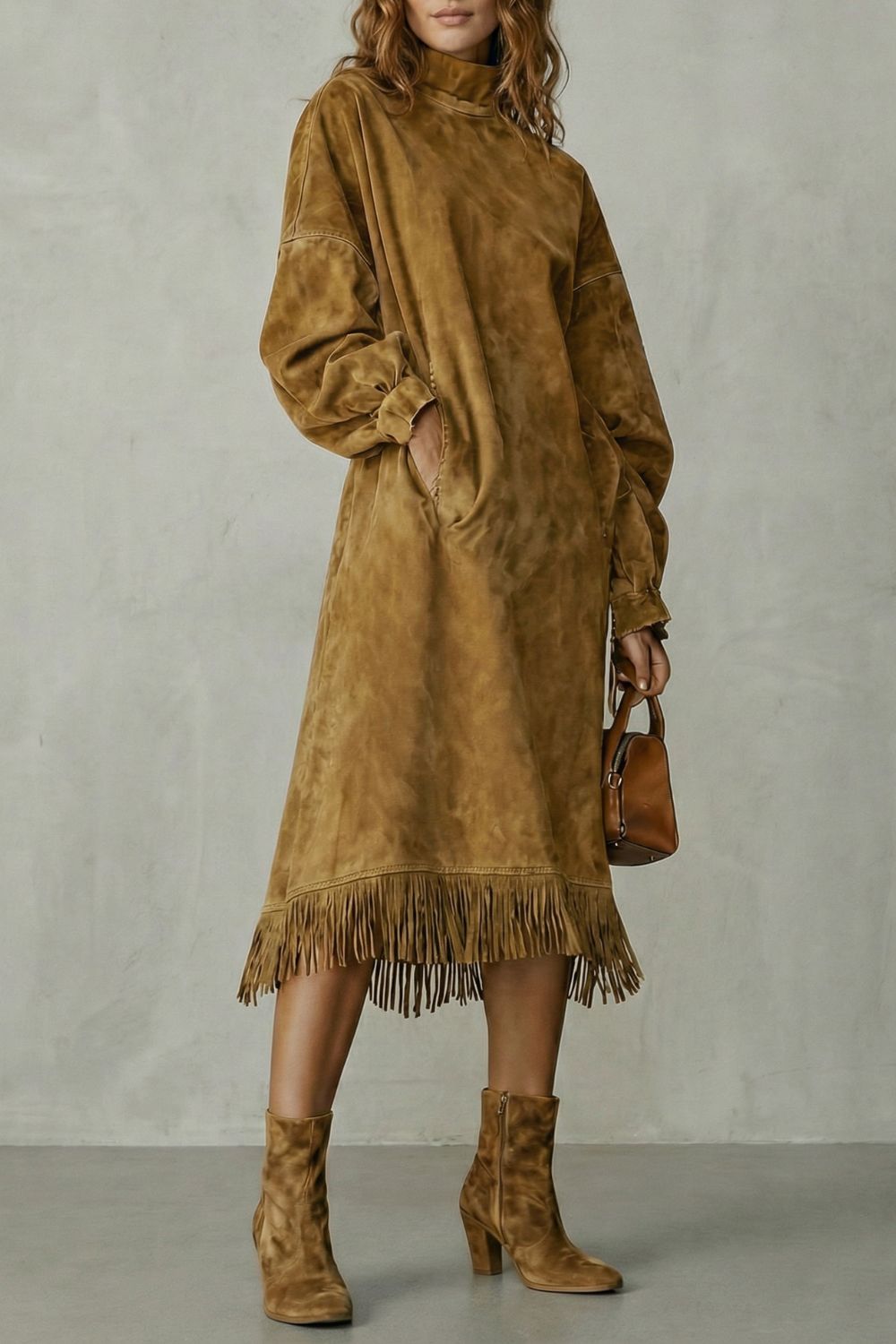Women’s Faux-Suede Fringe Turtleneck Midi Dress