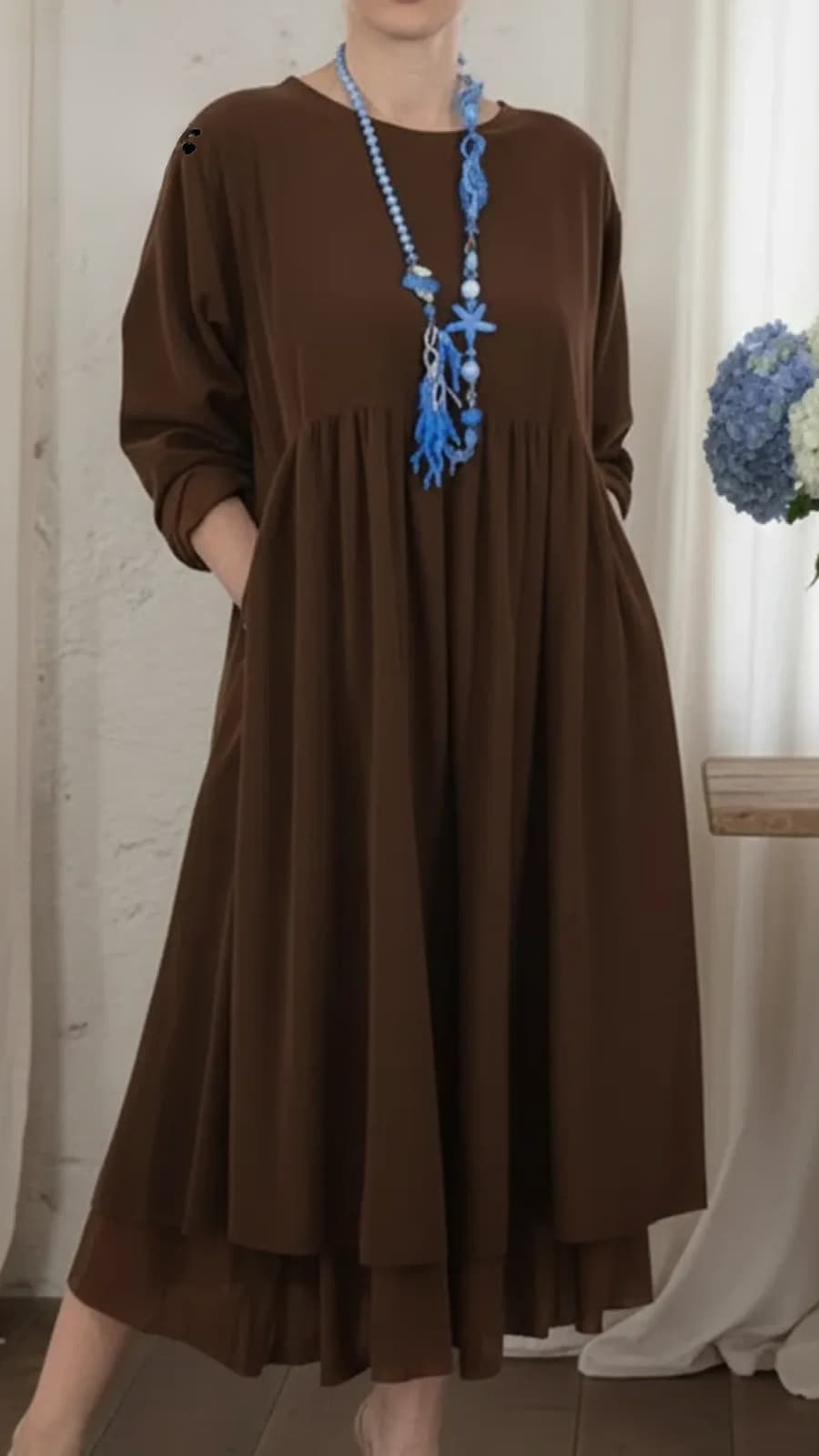 Women's Linen Crew-Neck Maxi Dress
