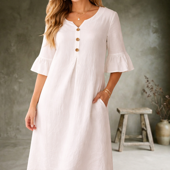 Linen V Neck Flute Sleeve Midi Dress for Women