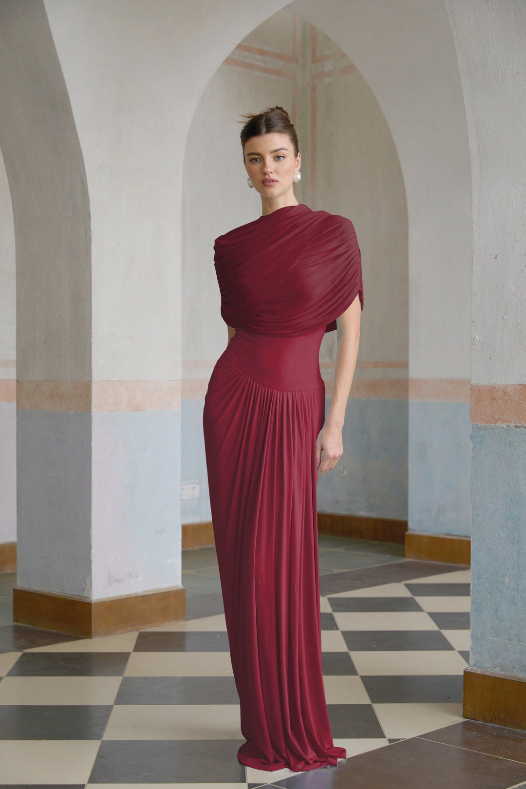 Women’s Satin Draped Mock-Neck Asymmetric Ruched Maxi Dress