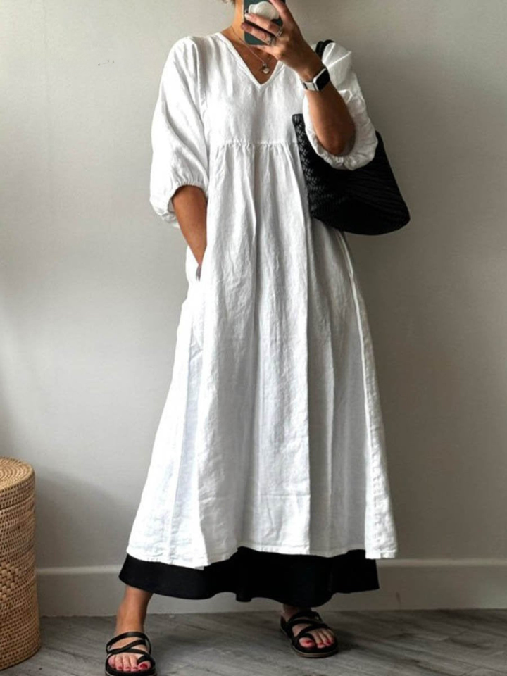 Women's V-Neck Linen Maxi Dress With Half Sleeves