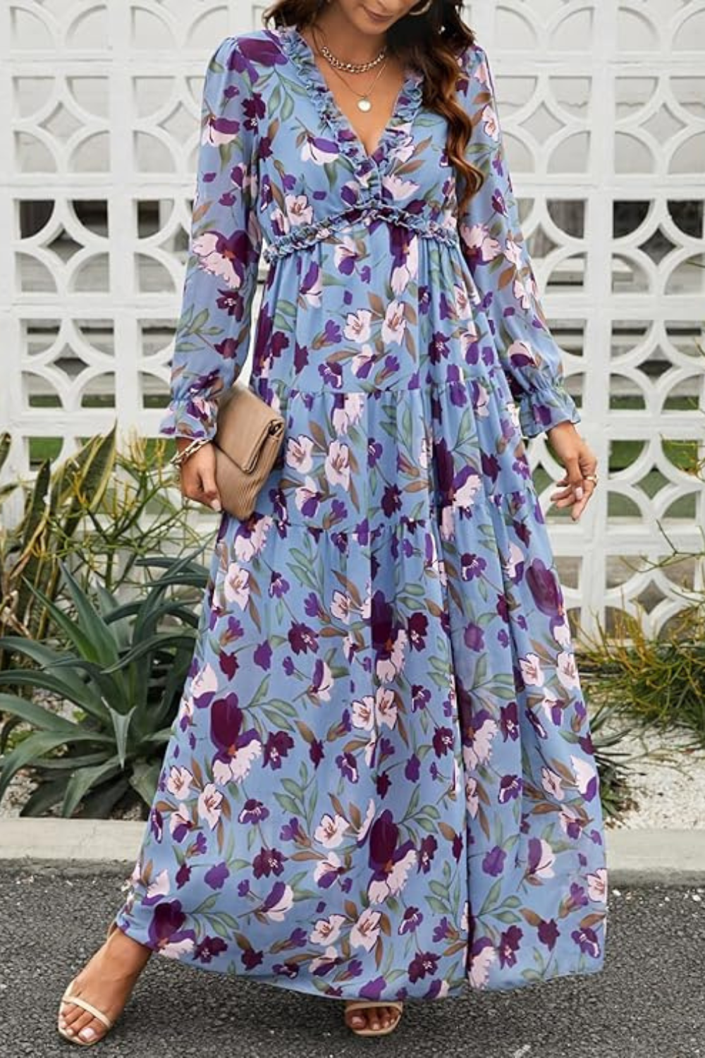Women's Chiffon Floral V Neck Long Sleeve Maxi Dress