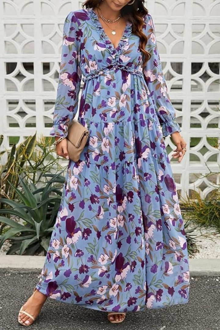 Women's Chiffon Floral V Neck Long Sleeve Maxi Dress